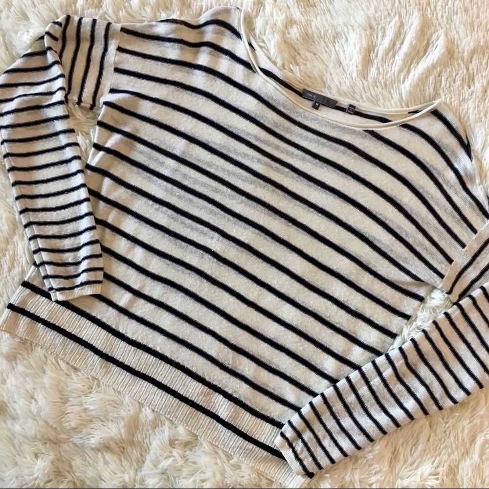 VINCE Mixed Stripe Boatneck Linen Sweater M - Picture 3 of 7